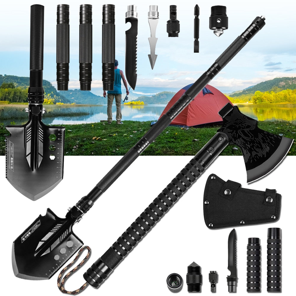 Multipurpose Shovel Axe Set :Outdoor Survival Camping Shovel Portable Folding Tomahawk Defense Security Tools Kit