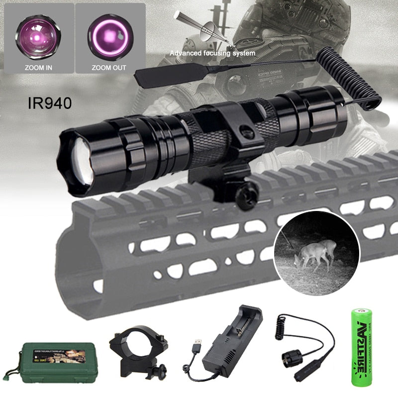 IR 940nm LED Night Vision Flashlight Zoomable Infrared Radiation Tactical Lantern with Rifle Scope Mount for Hunting