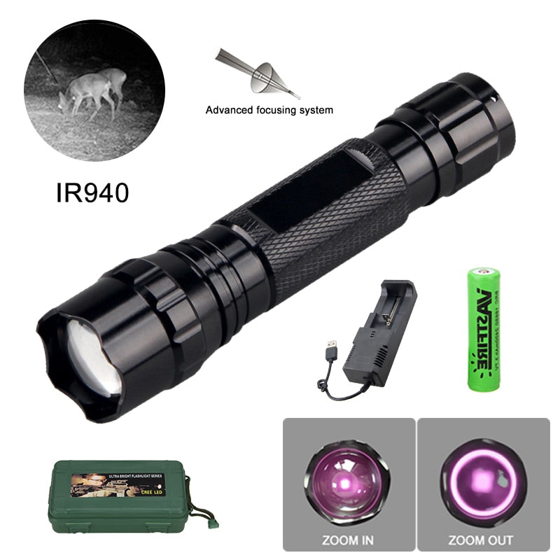 IR 940nm LED Night Vision Flashlight Zoomable Infrared Radiation Tactical Lantern with Rifle Scope Mount for Hunting