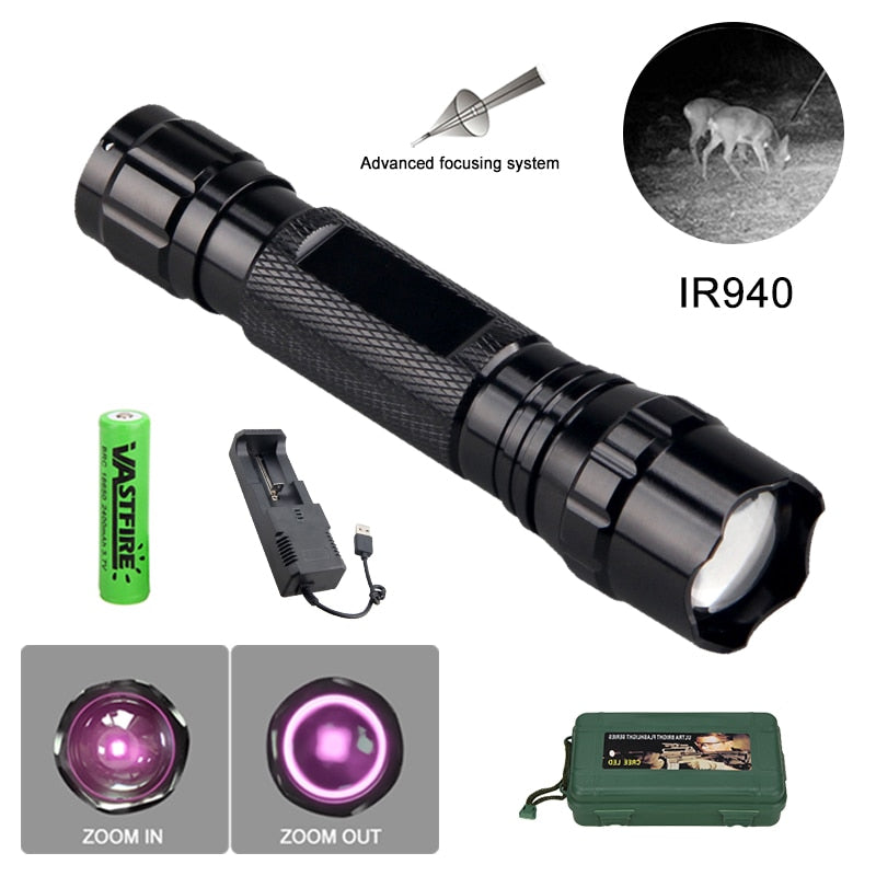 IR 940nm LED Night Vision Flashlight Zoomable Infrared Radiation Tactical Lantern with Rifle Scope Mount for Hunting