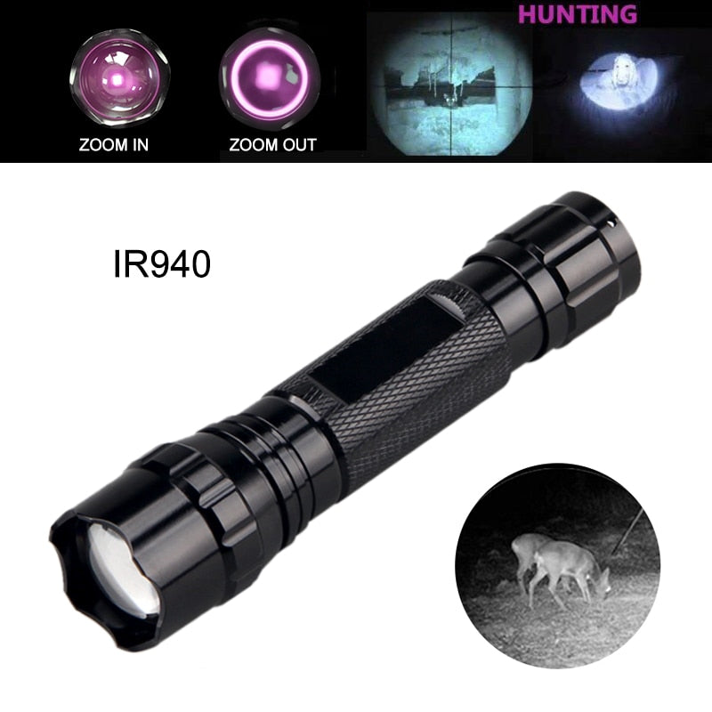 IR 940nm LED Night Vision Flashlight Zoomable Infrared Radiation Tactical Lantern with Rifle Scope Mount for Hunting