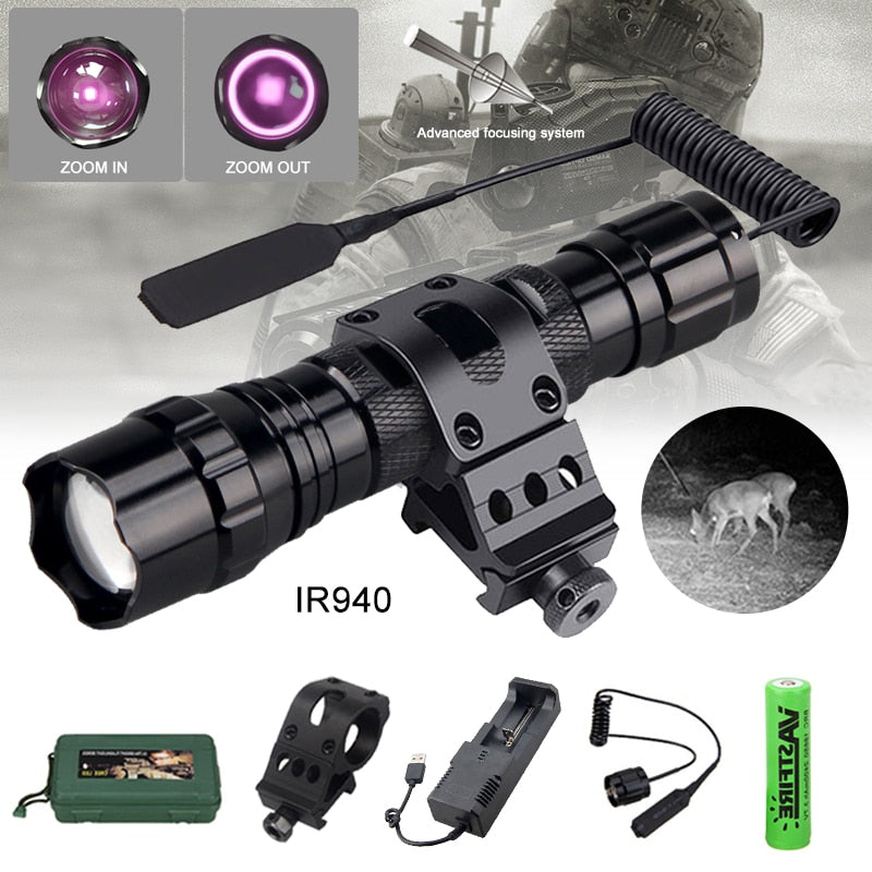 IR 940nm LED Night Vision Flashlight Zoomable Infrared Radiation Tactical Lantern with Rifle Scope Mount for Hunting