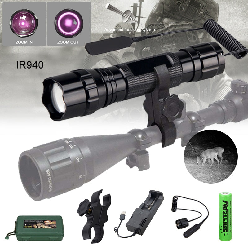 IR 940nm LED Night Vision Flashlight Zoomable Infrared Radiation Tactical Lantern with Rifle Scope Mount for Hunting