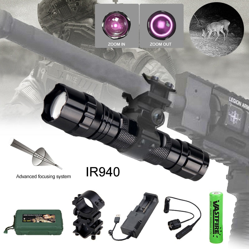 IR 940nm LED Night Vision Flashlight Zoomable Infrared Radiation Tactical Lantern with Rifle Scope Mount for Hunting