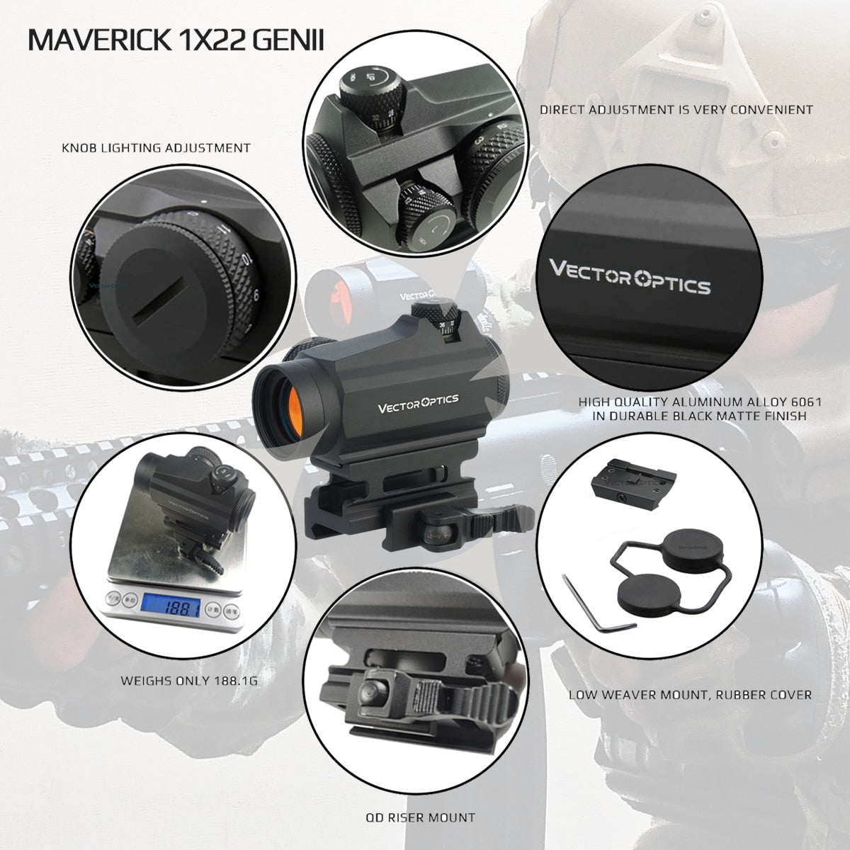 Vector Optics Maverick GenII 1x22 Red Dot Scope Sight Hunting Tactical Uncapped Turret QD Mount For Real Firearms .308 Airsoft