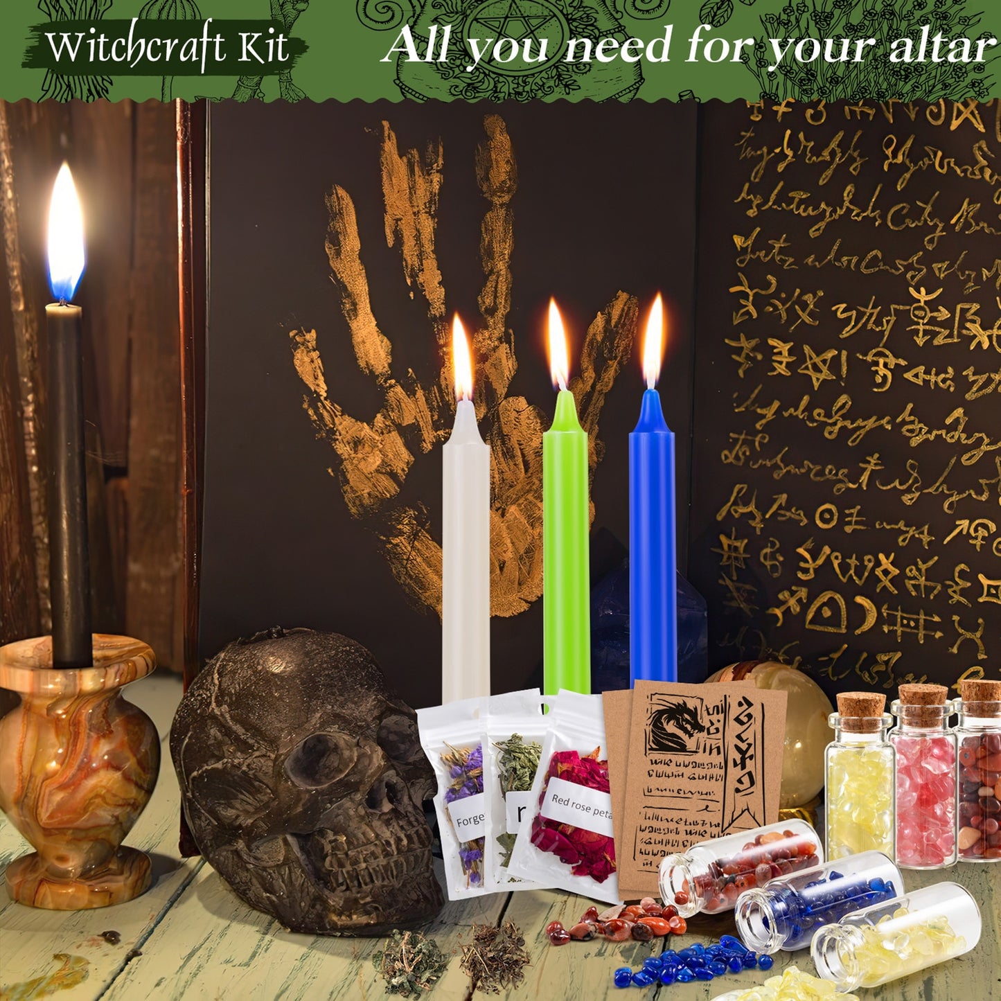 Wiccan Altar Supplies Witchcraft Kit Includes 60 Candles 10 Herbs 10 Crystal Stone 10 Parchment 90PCS Wiccan Supplies And Tools