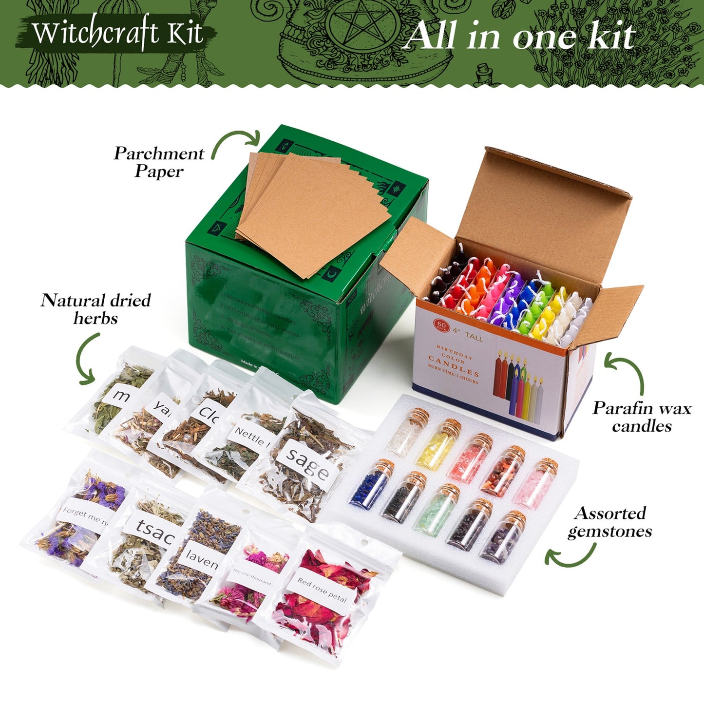 Wiccan Altar Supplies Witchcraft Kit Includes 60 Candles 10 Herbs 10 Crystal Stone 10 Parchment 90PCS Wiccan Supplies And Tools