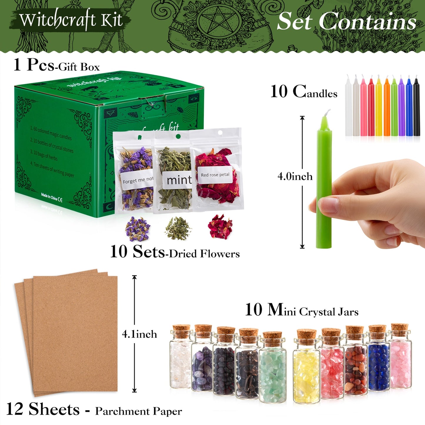 Wiccan Altar Supplies Witchcraft Kit Includes 60 Candles 10 Herbs 10 Crystal Stone 10 Parchment 90PCS Wiccan Supplies And Tools