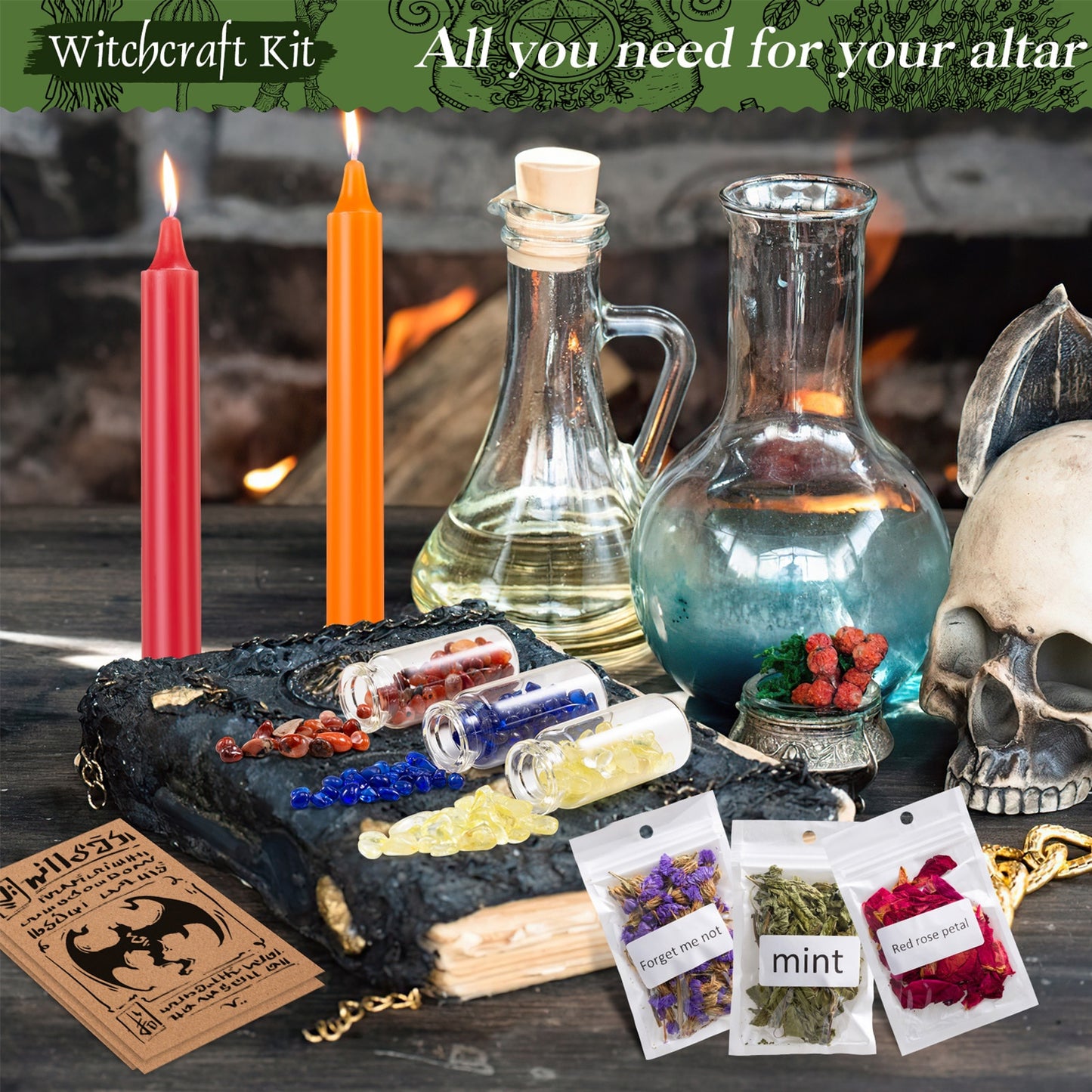 Wiccan Altar Supplies Witchcraft Kit Includes 60 Candles 10 Herbs 10 Crystal Stone 10 Parchment 90PCS Wiccan Supplies And Tools