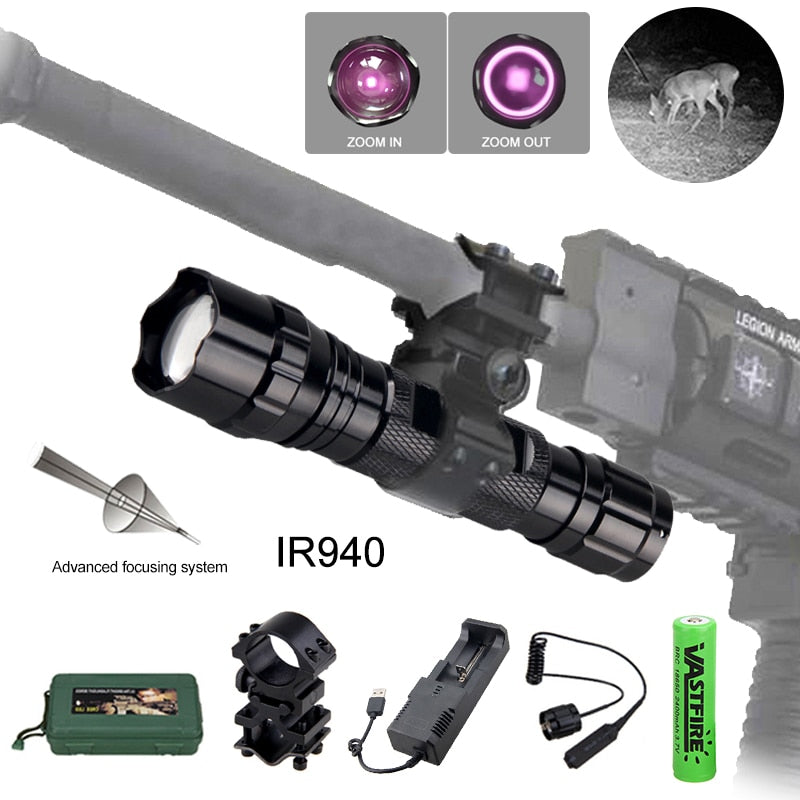 IR 940nm LED Night Vision Flashlight Zoomable Infrared Radiation Tactical Lantern with Rifle Scope Mount for Hunting